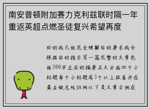南安普顿附加赛力克利兹联时隔一年重返英超点燃圣徒复兴希望再度